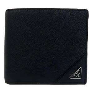 Prada Black Vitello Micro Grain Leather Bifold Wallet Triangle Enamel